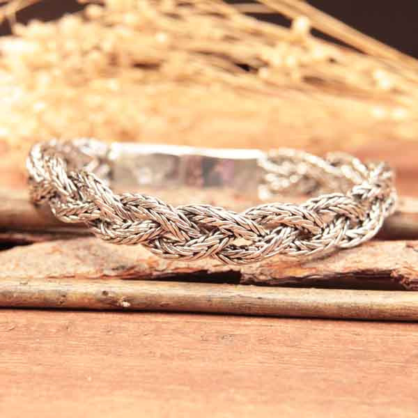Bracelet Ancien En Argent Massif 925 – Mailles Plates Tressées, Occasion