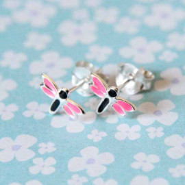 Boucles d'oreilles enfant libellule argent et émail