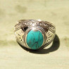 Chevalière Aztèque argent ciselé et turquoise