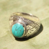 Chevalière Aztèque argent ciselé et turquoise