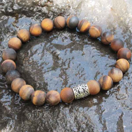 Bracelet homme oeil de tigre mat et Swastika bouddhiste argent