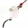 Collier long main de Fatma argent quartz rose cuir rouge et breloques