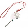 Collier long main de Fatma argent quartz rose cuir rouge et breloques