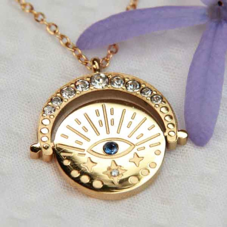 Collier amulette mauvais oeil acier doré et pierre bleue