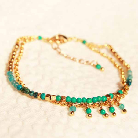 Bracelet fantaisie Séréna deux lignes dorées turquoise et howlite