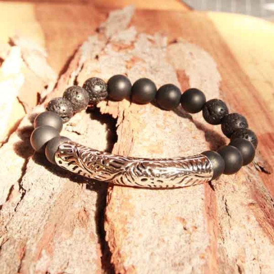 Bracelet Aum Maraiko lave volcanique agate noire et argent