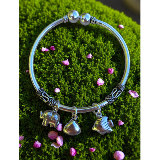 Bracelet jonc enfant ou ado argent breloques poisson, éléphant, coquillage
