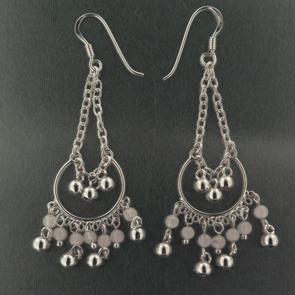 Boucles D'Oreilles Pendantes Quartz Rose Du Brésil - 2 Boules, Crochets Argent, Artisanat, Neuf Avec Étiquettes