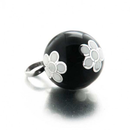 Pendentif Bola de grossesse boule émail noir et fleurs