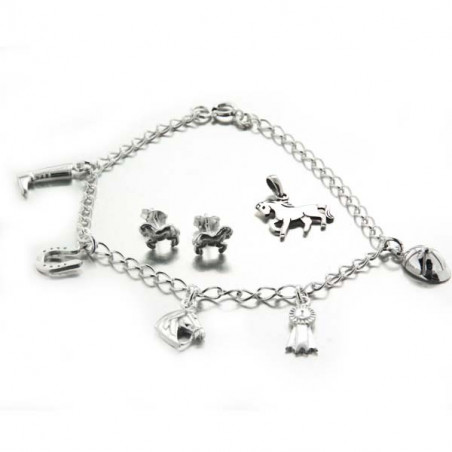 Ensemble Passion cheval, bracelet, boucles d'oreilles et pendentif argent