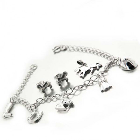 Ensemble Passion cheval, bracelet, boucles d'oreilles et pendentif argent