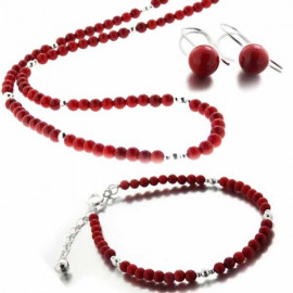 Ensemble Red sea, collier, bracelet et boucles d'oreilles en corail rouge et argent