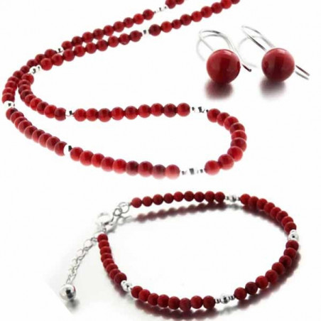 Ensemble Red sea, collier, bracelet et boucles d'oreilles en corail rouge et argent