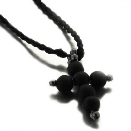 Collier Ras De Cou En Or Jaune Avec Boules Onyx Et Croix - Longueur ~43cm - Occasion Parfait état