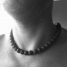 Collier fantaisie homme en boules d'agates noires mates 12 mm