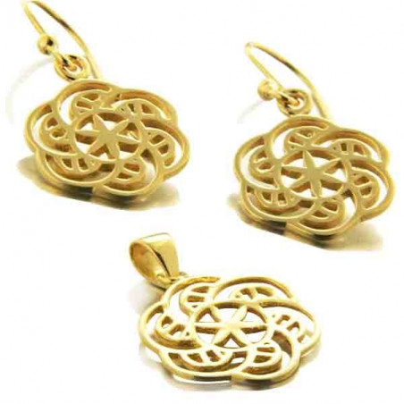 Médaillon et boucles d'oreilles fantaisie rosaces dorées