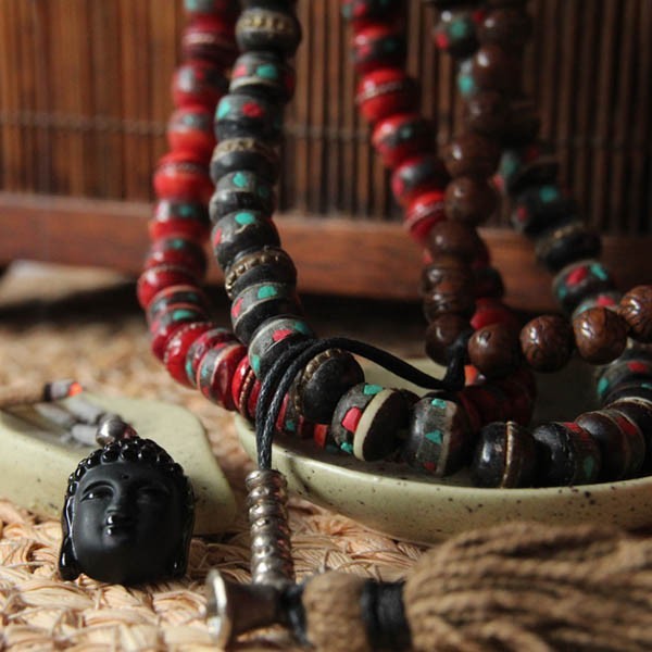 Collier Perles Tibétaines Vintage - Pierres Naturelles Multi-couleurs - Fait Main