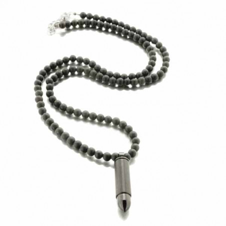 Collier agates noires et cartouche en acier qui s'ouvre