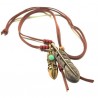 Collier long fantaisie plumes laiton cuir et perles rouges