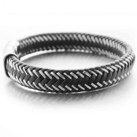 Bracelet Homme Steel Black en acier et cuir tressé