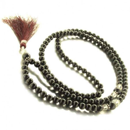 Collier mâlâ Tibétain agates noires, lave et cristal