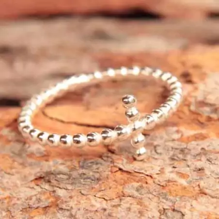 Bague Prayer anneau fin croix et boules d'argent
