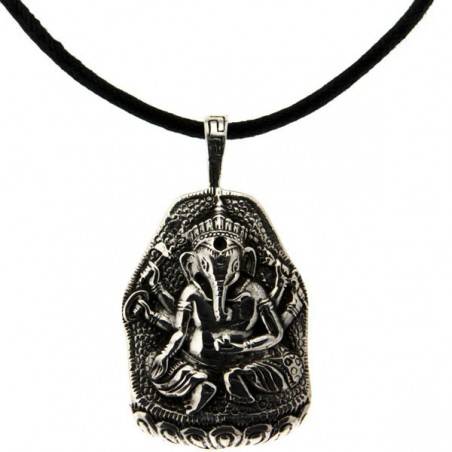 Collier Hindou Ganesh en cuir pendentif argent