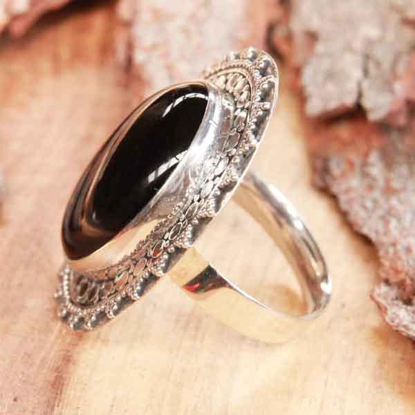 Bague Argent Massif Onyx Marquise Ovale Marcassites - Occasion - Taille 58
