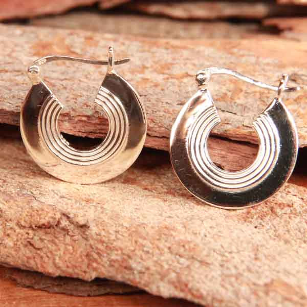 Boucles D'oreilles Créoles Striées En Argent Massif 925/000 Rhodié - 4 Cm, Neuf Avec étiquettes Bijouxia