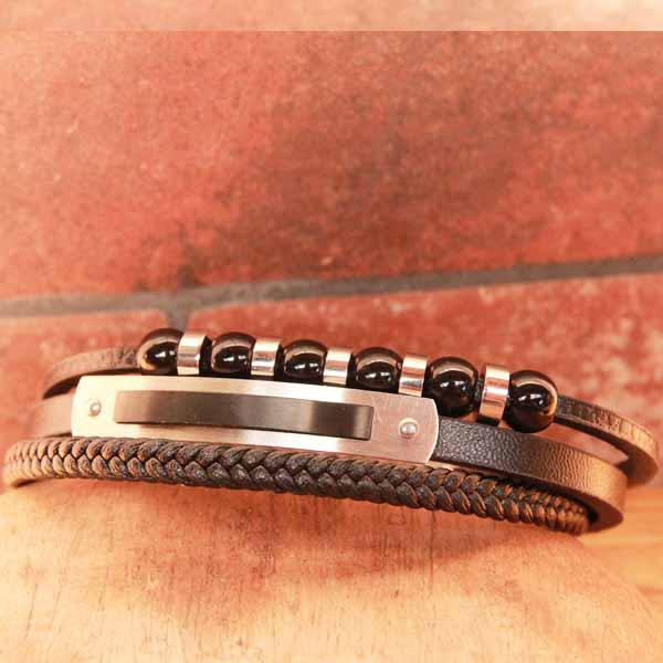 Bracelet En Acier 2 Rangs Cuir Véritable Noir Et Cordon Tresse Bleu Et Multi Rondelles 201cm Double Fermoir $$$120712b