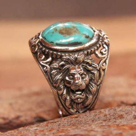 Chevalière têtes de lions et turquoise en argent massif ciselé