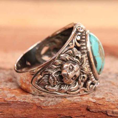 Bague tête de lion et turquoise véritable