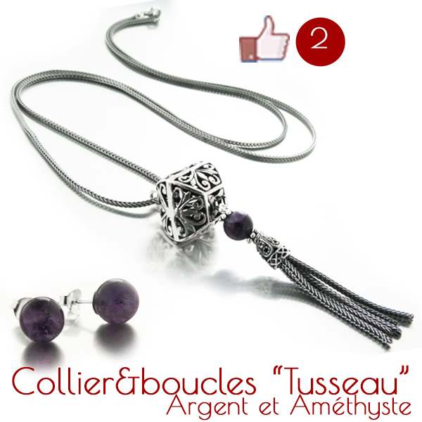 Collier long et boucles d'oreilles en argent et améthyste Collier long et boucles d'oreilles en argent et améthyste