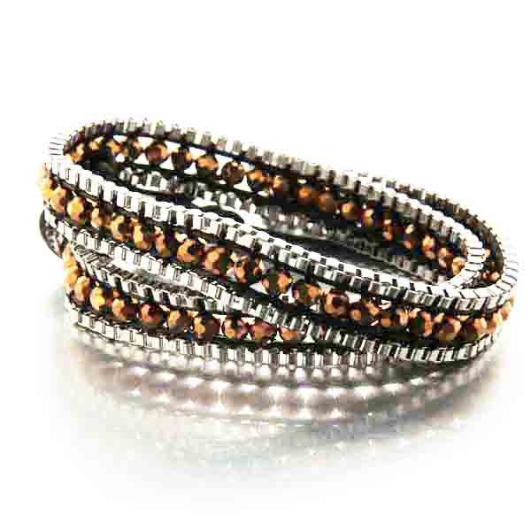 Bracelet fantaisie wrapp double tour de poignet en cuir et chaînettes argentées