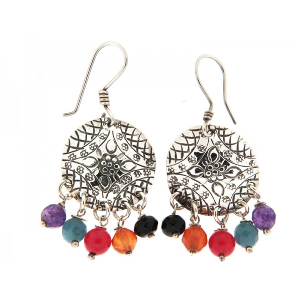 Boucles d'oreilles ethniques salaha en argent et pierres fines