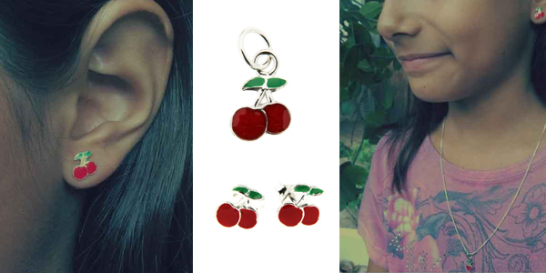 Ensemble collier et boucles d'oreilles cerises argent pour enfant Ensemble collier et boucles d'oreilles cerises argent