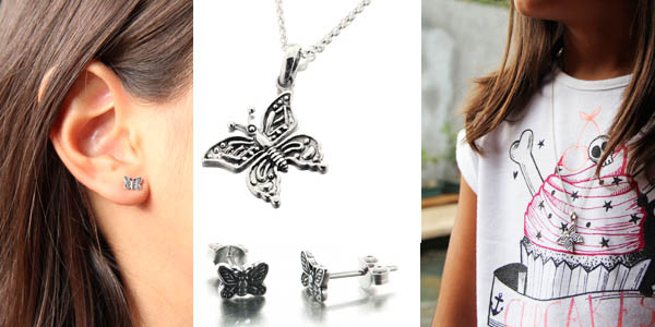 Ensemble collier et boucles d'oreilles papillons en argent pour enfant Ensemble collier et boucles d'oreilles papillons en argent pour enfant