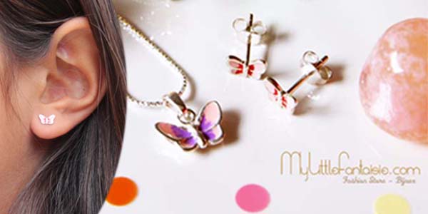 Collier et boucles d'oreilles papillons argent et émail Collier et boucles d'oreilles papillons argent et émail