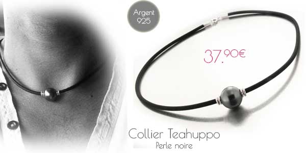 Collier Tahitien Téahuppo en caoutchouc et perle noire Collier Tahitien Téahuppo en caoutchouc et perle noire